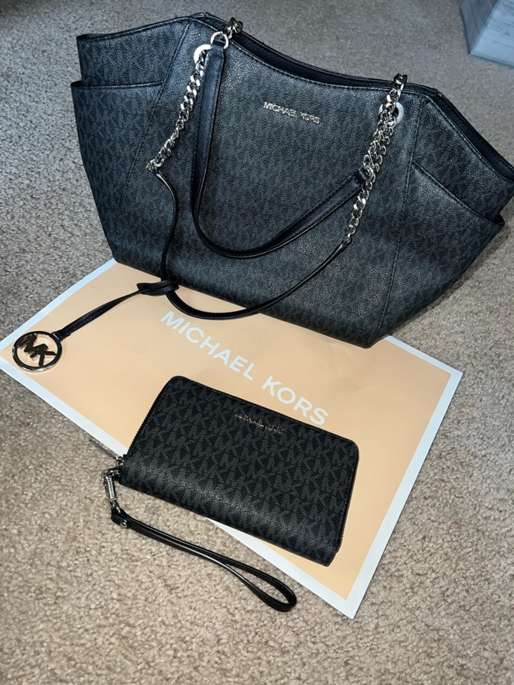 Authentic Michael Kors Black Logo-Print Tote with Matching Wristlet